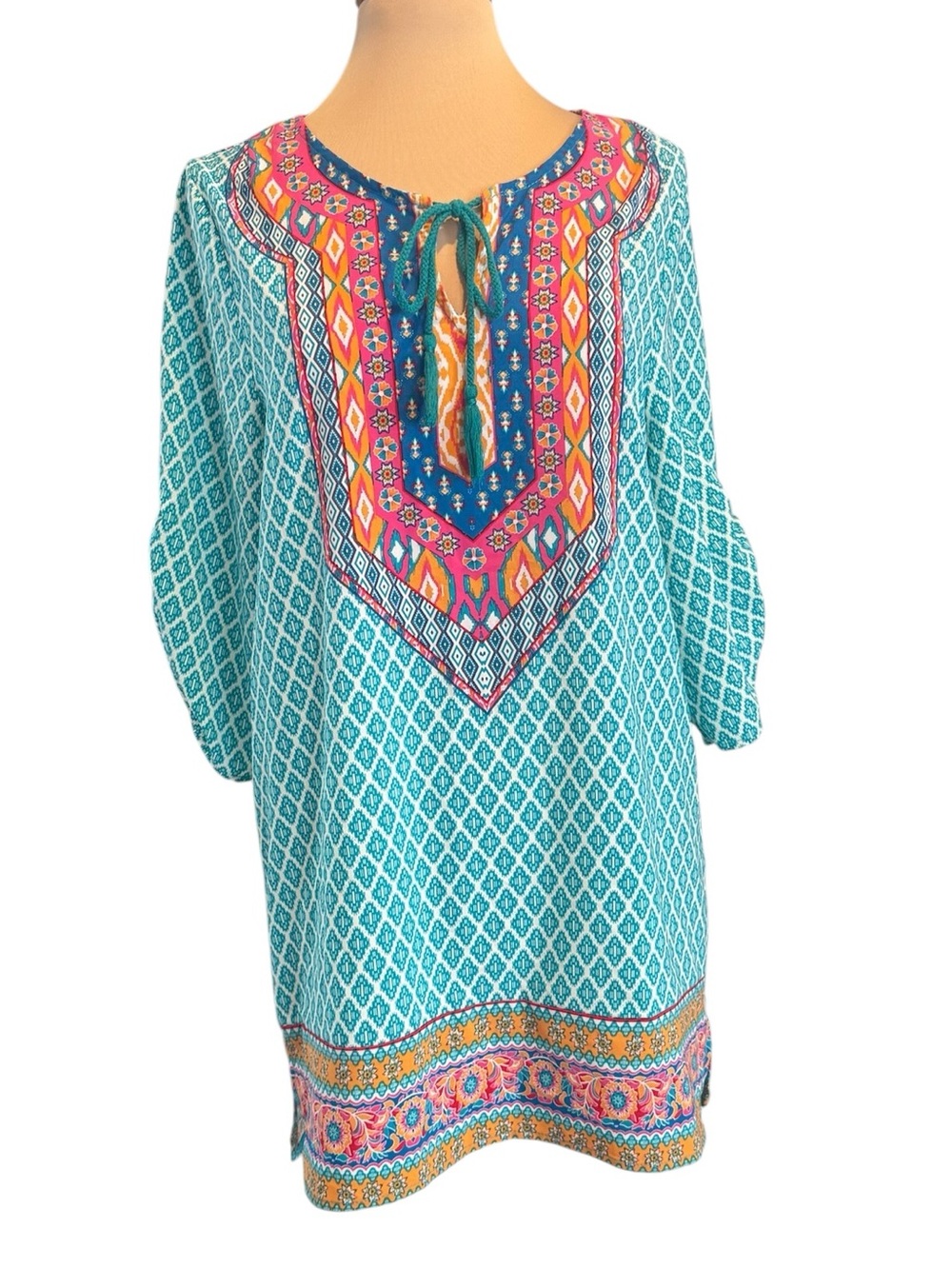 NLW Boho Turquoise blue white pink orange Tunic Dress or top size Large